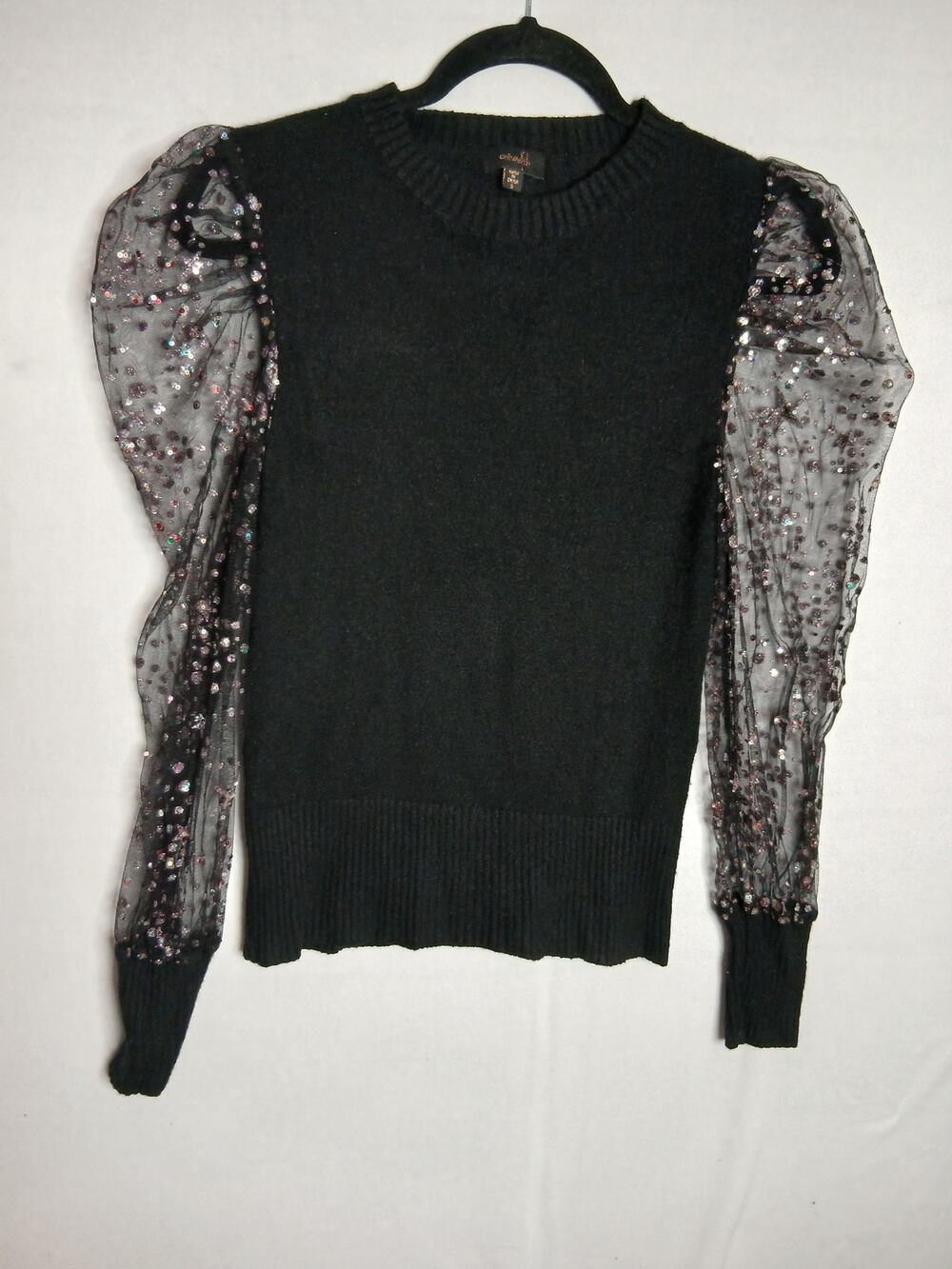 Ontwelfth Sweater Sz S Black Sheer Sparkly Sequined Ballon Sleeves Whimsygoth